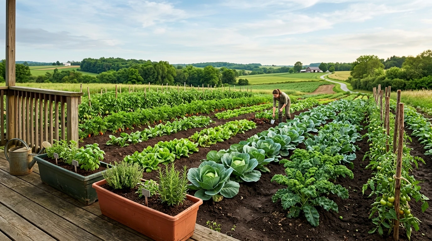 ベランダのプランターから広大な露地畑へと広がる豊かで力強い野菜栽培の風景