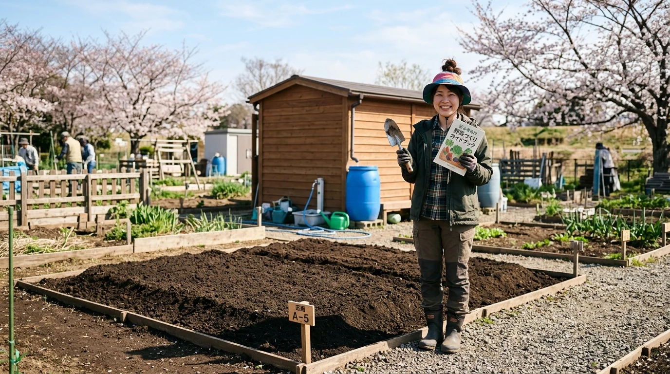 3月の春の訪れとともに整えられた貸し農園の区画で笑顔でスタートを切る様子