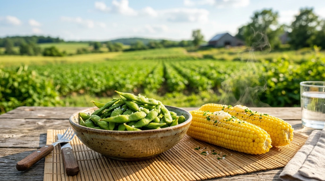 畑のすぐそばで茹で上げた採れたての新鮮な枝豆と湯気立つ甘いトウモロコシ