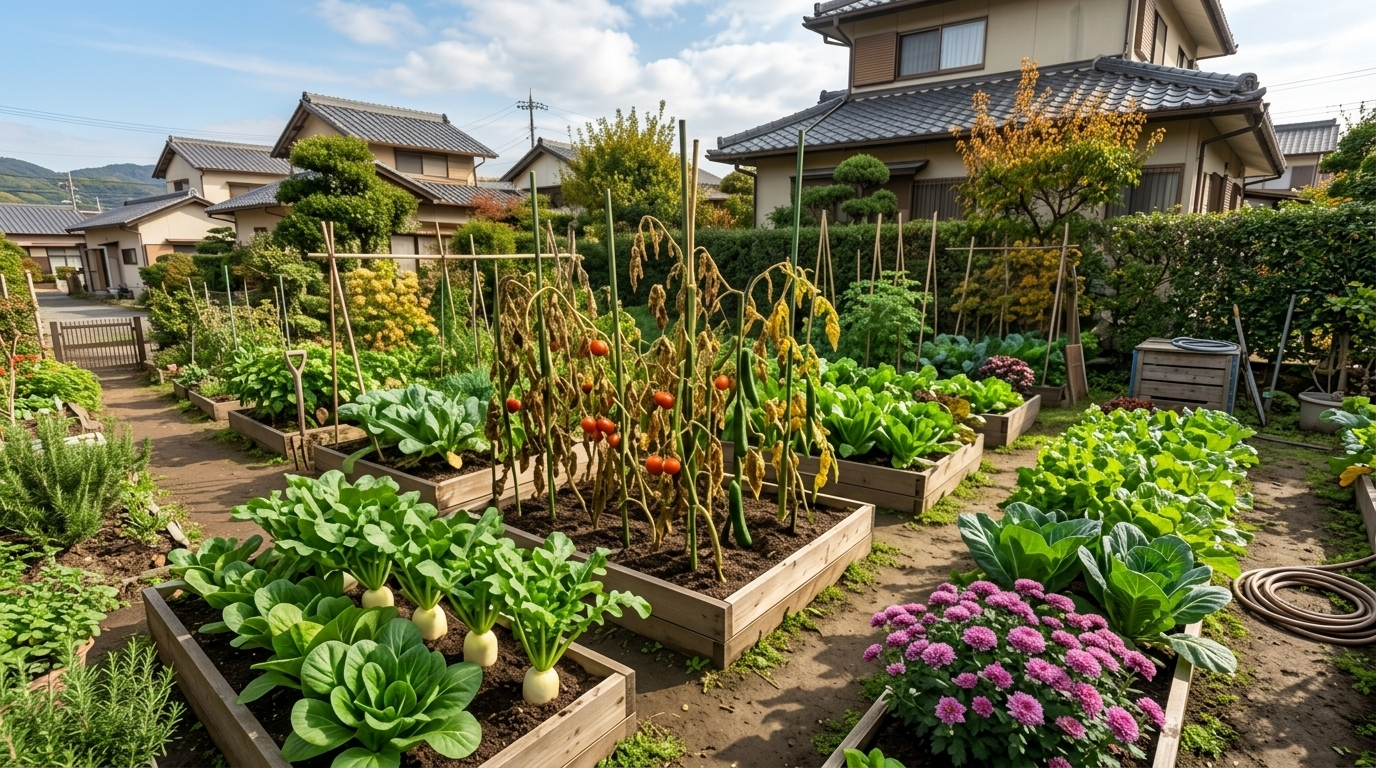 秋晴れの涼しい気候の中で整然と並ぶ秋冬野菜の畝と家庭菜園の全景