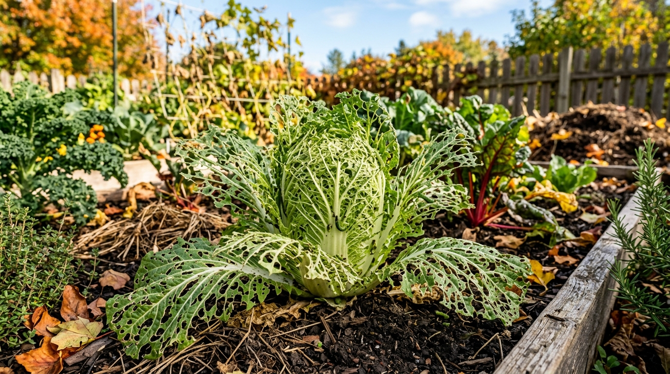 10月に急増する害虫被害によって葉がレース状に穴だらけになった白菜とキャベツ