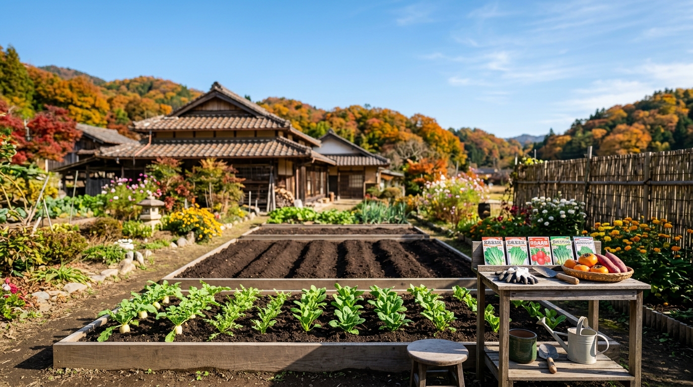 11月の爽やかな青空の下で元気に育つ寒さに強い冬野菜の菜園風景