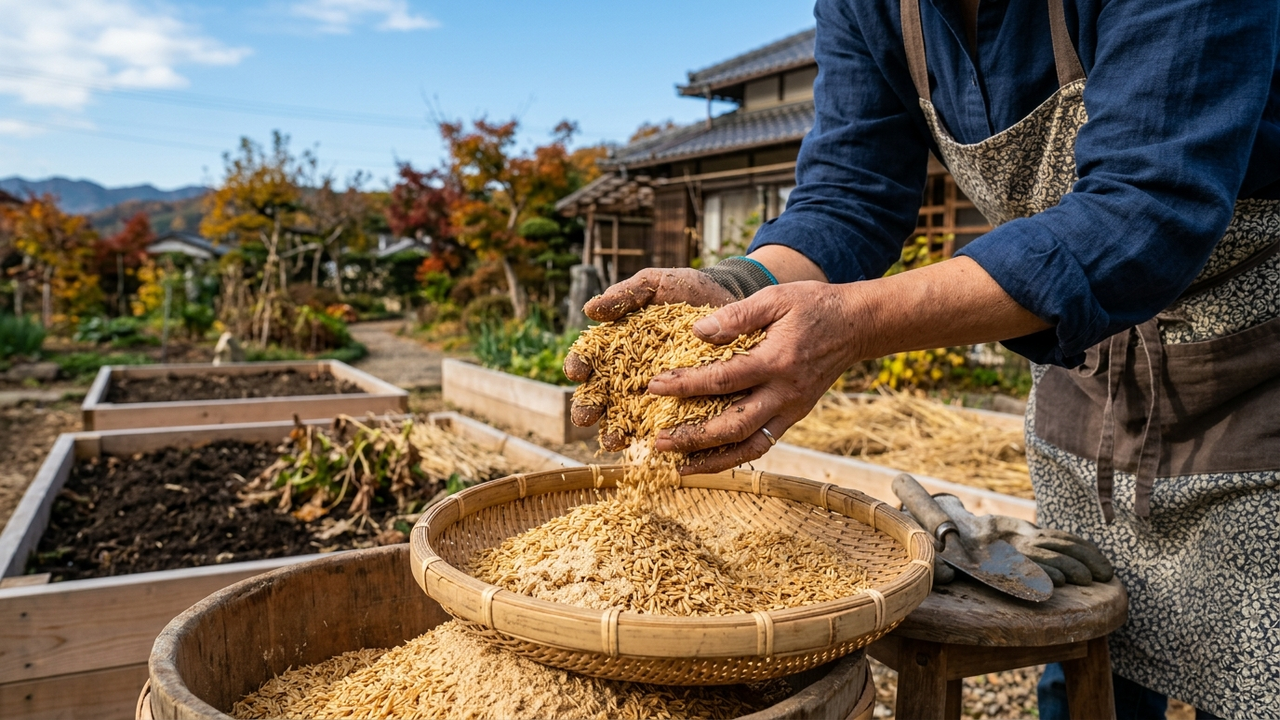 秋の収穫を終え、もみ殻と米ぬかですき込み土作りを始める畑の風景