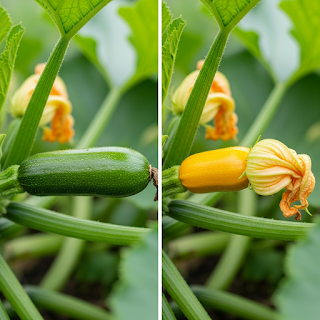 根元に小さなふくらみ（未受粉果）があるズッキーニの雌花の特徴